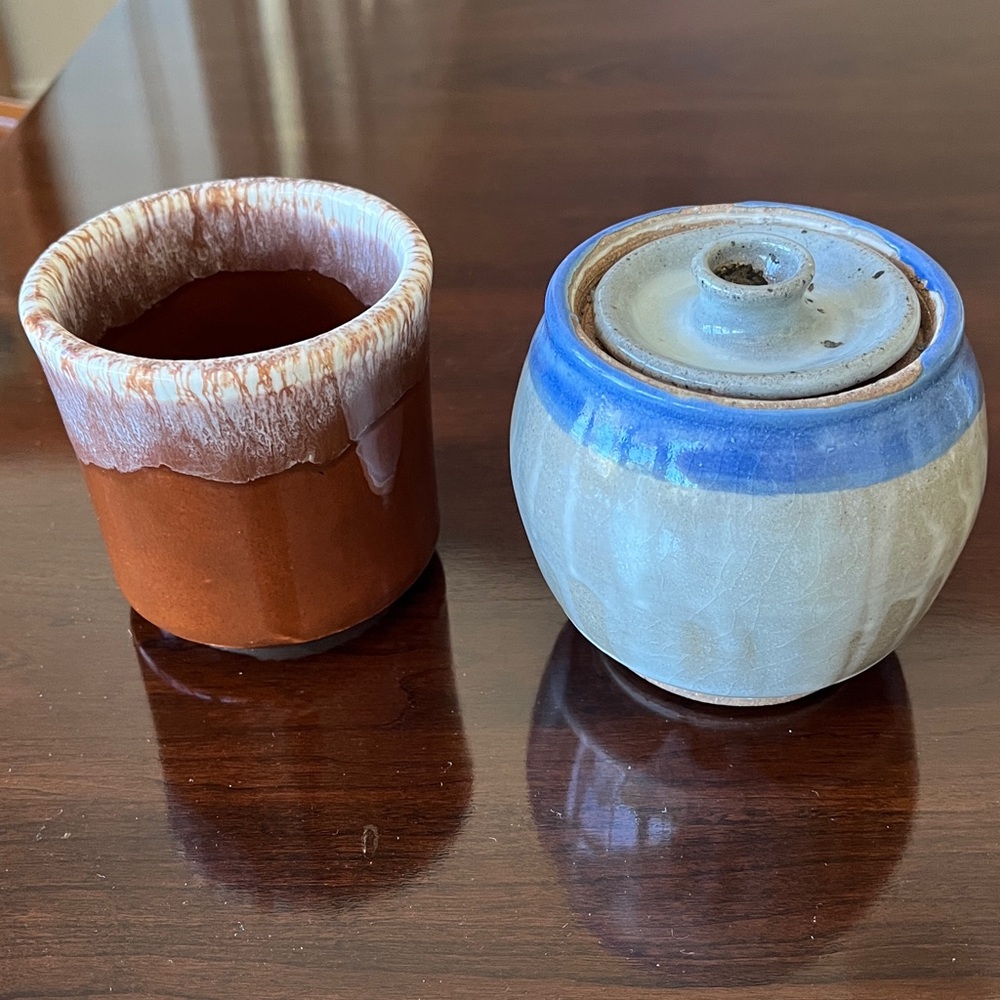 Pottery hand made small vessel with lid & 1 pottery glazed cup